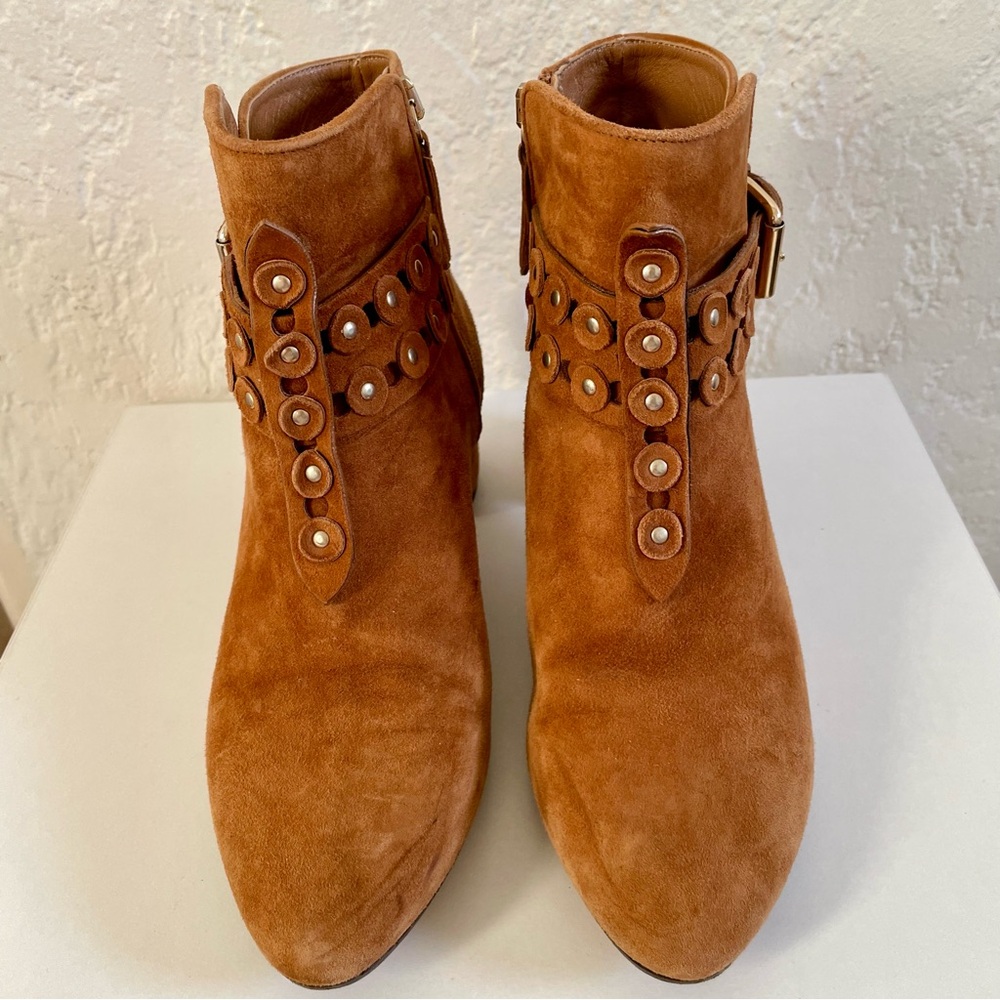 Aquazzura “Boheme” Studded Suede Boots – Tan, Size 36.5 – Made in Italy